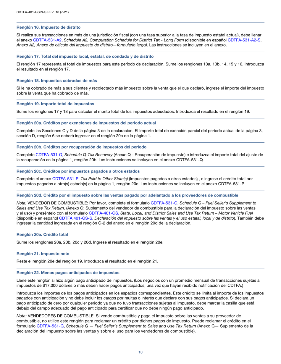 Instrucciones para Formulario CDTFA-401-GS-S Declaracion Del Impuesto Sobre Las Ventas Y El Uso Estatal, Local Y De Distrito - California (Spanish), Page 10