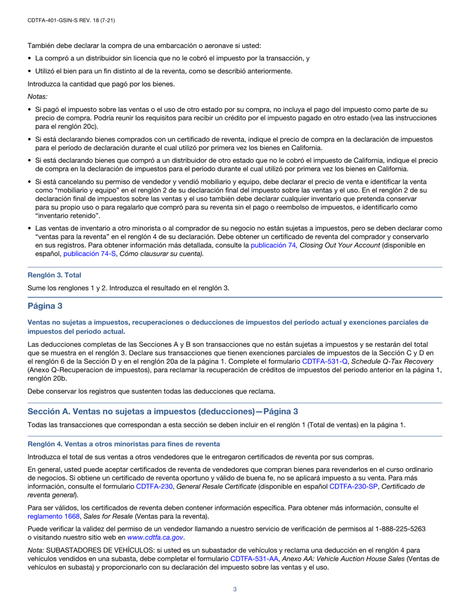 Instrucciones para Formulario CDTFA-401-GS-S Declaracion Del Impuesto Sobre Las Ventas Y El Uso Estatal, Local Y De Distrito - California (Spanish), Page 3