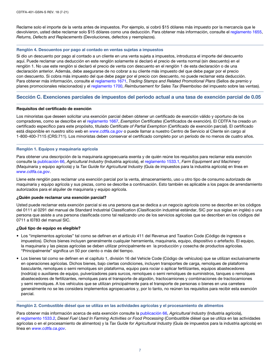 Instrucciones para Formulario CDTFA-401-GS-S Declaracion Del Impuesto Sobre Las Ventas Y El Uso Estatal, Local Y De Distrito - California (Spanish), Page 7