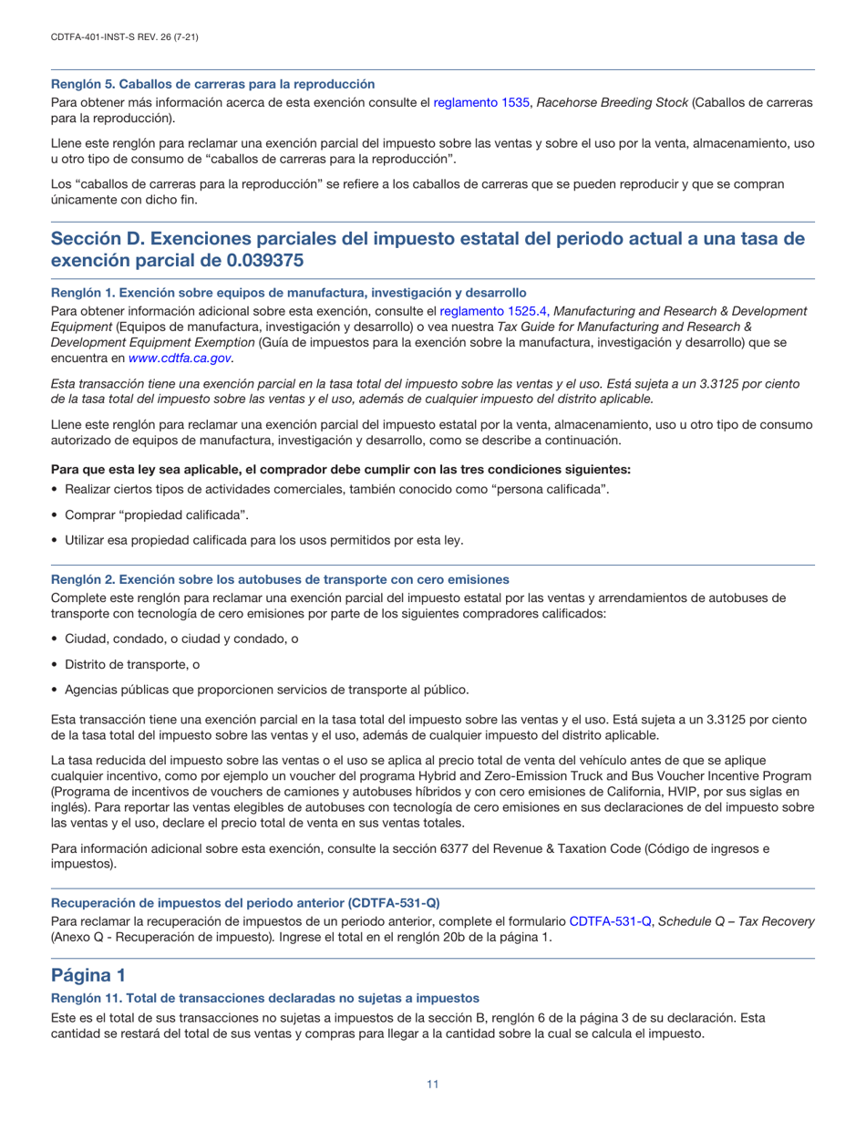 Instrucciones para Formulario CDTFA-401-A-S Declaracion Del Impuesto Sobre Las Ventas Y Sobre El Uso Estatal, Local Y De Distrito - California (Spanish), Page 11