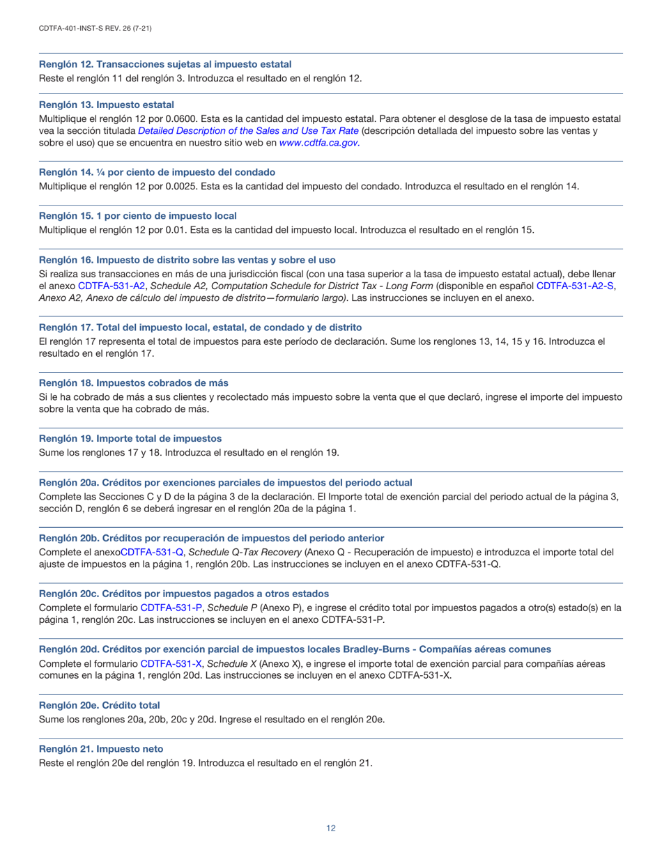 Instrucciones para Formulario CDTFA-401-A-S Declaracion Del Impuesto Sobre Las Ventas Y Sobre El Uso Estatal, Local Y De Distrito - California (Spanish), Page 12