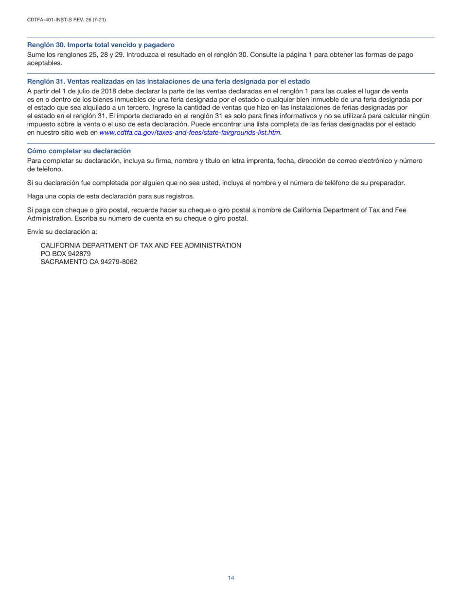 Instrucciones para Formulario CDTFA-401-A-S Declaracion Del Impuesto Sobre Las Ventas Y Sobre El Uso Estatal, Local Y De Distrito - California (Spanish), Page 14