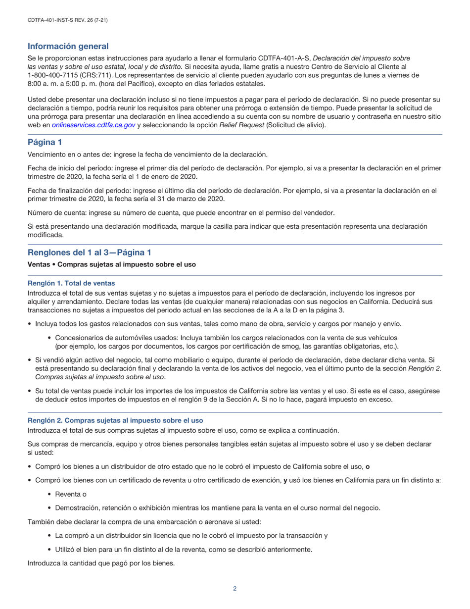 Instrucciones para Formulario CDTFA-401-A-S Declaracion Del Impuesto Sobre Las Ventas Y Sobre El Uso Estatal, Local Y De Distrito - California (Spanish), Page 2