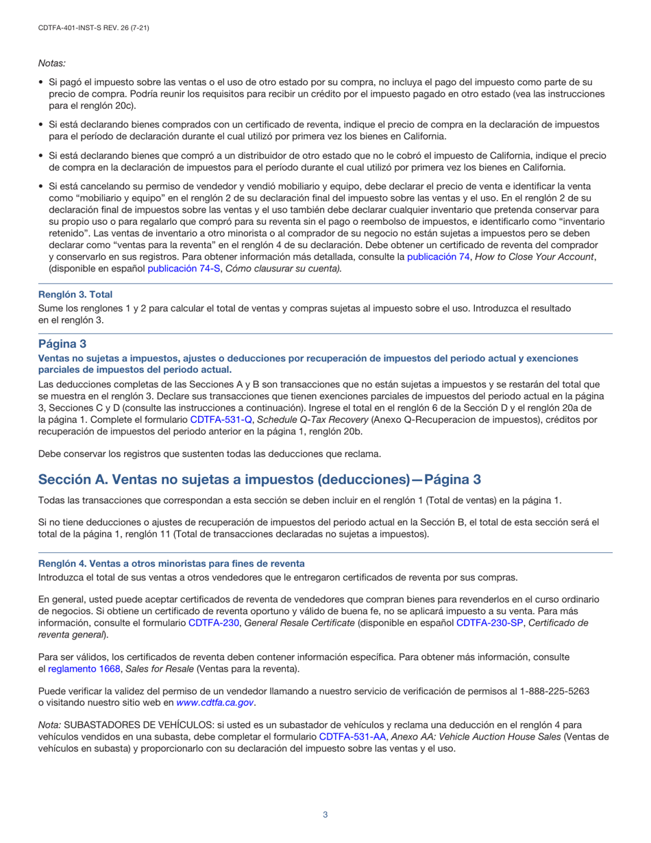 Instrucciones para Formulario CDTFA-401-A-S Declaracion Del Impuesto Sobre Las Ventas Y Sobre El Uso Estatal, Local Y De Distrito - California (Spanish), Page 3