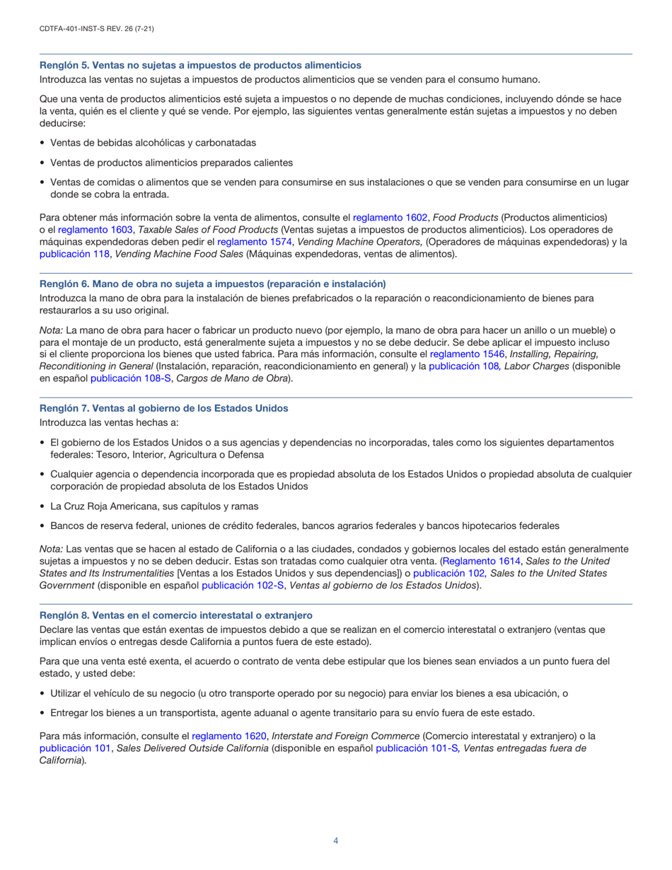 Instrucciones para Formulario CDTFA-401-A-S Declaracion Del Impuesto Sobre Las Ventas Y Sobre El Uso Estatal, Local Y De Distrito - California (Spanish), Page 4