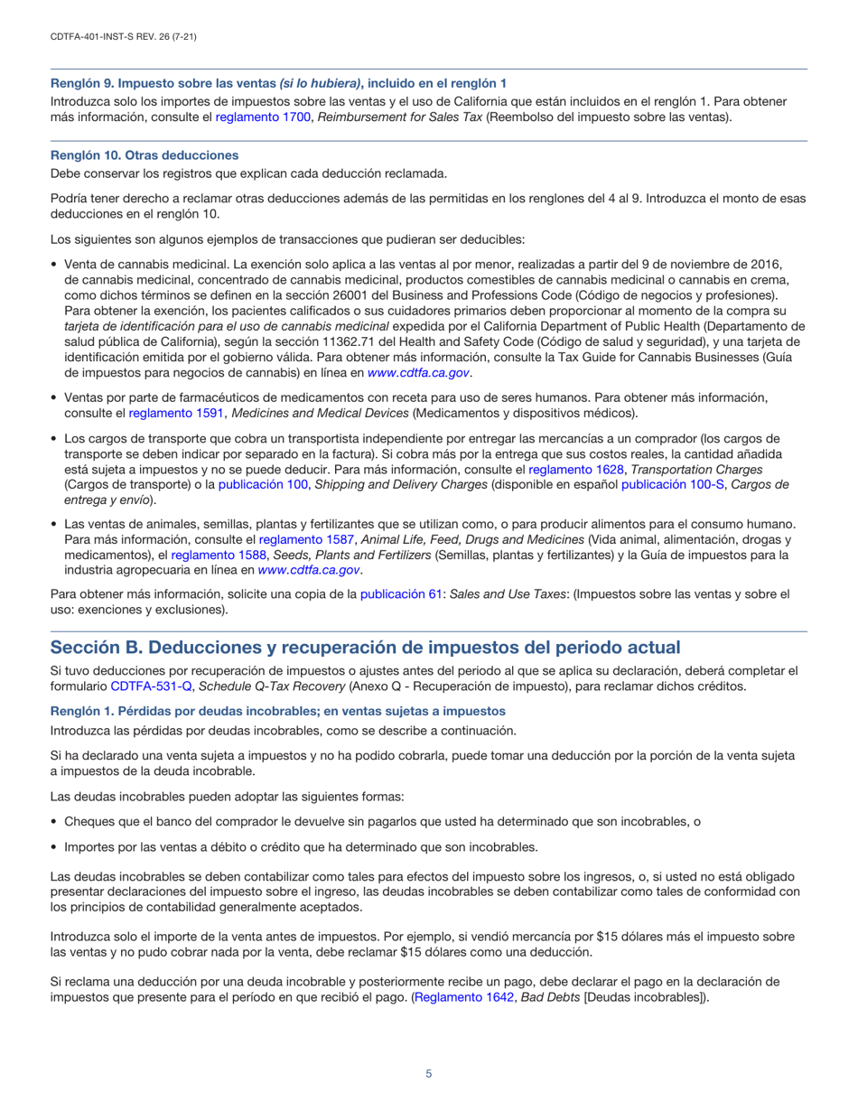Instrucciones para Formulario CDTFA-401-A-S Declaracion Del Impuesto Sobre Las Ventas Y Sobre El Uso Estatal, Local Y De Distrito - California (Spanish), Page 5
