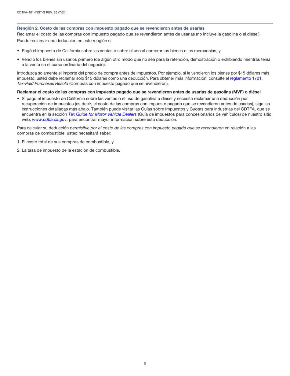 Instrucciones para Formulario CDTFA-401-A-S Declaracion Del Impuesto Sobre Las Ventas Y Sobre El Uso Estatal, Local Y De Distrito - California (Spanish), Page 6