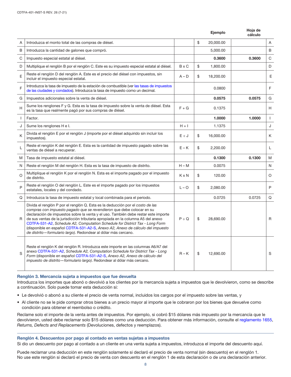 Instrucciones para Formulario CDTFA-401-A-S Declaracion Del Impuesto Sobre Las Ventas Y Sobre El Uso Estatal, Local Y De Distrito - California (Spanish), Page 8