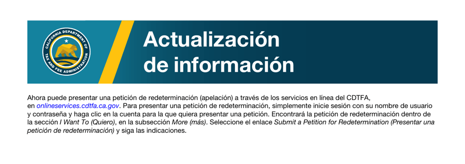 Formulario CDTFA-416-S Peticion De Redeterminacion - California (Spanish), Page 1