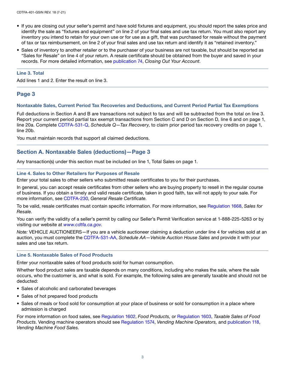 Instructions for Form CDTFA-401-GS State, Local, and District Sales and Use Tax Return - California, Page 3