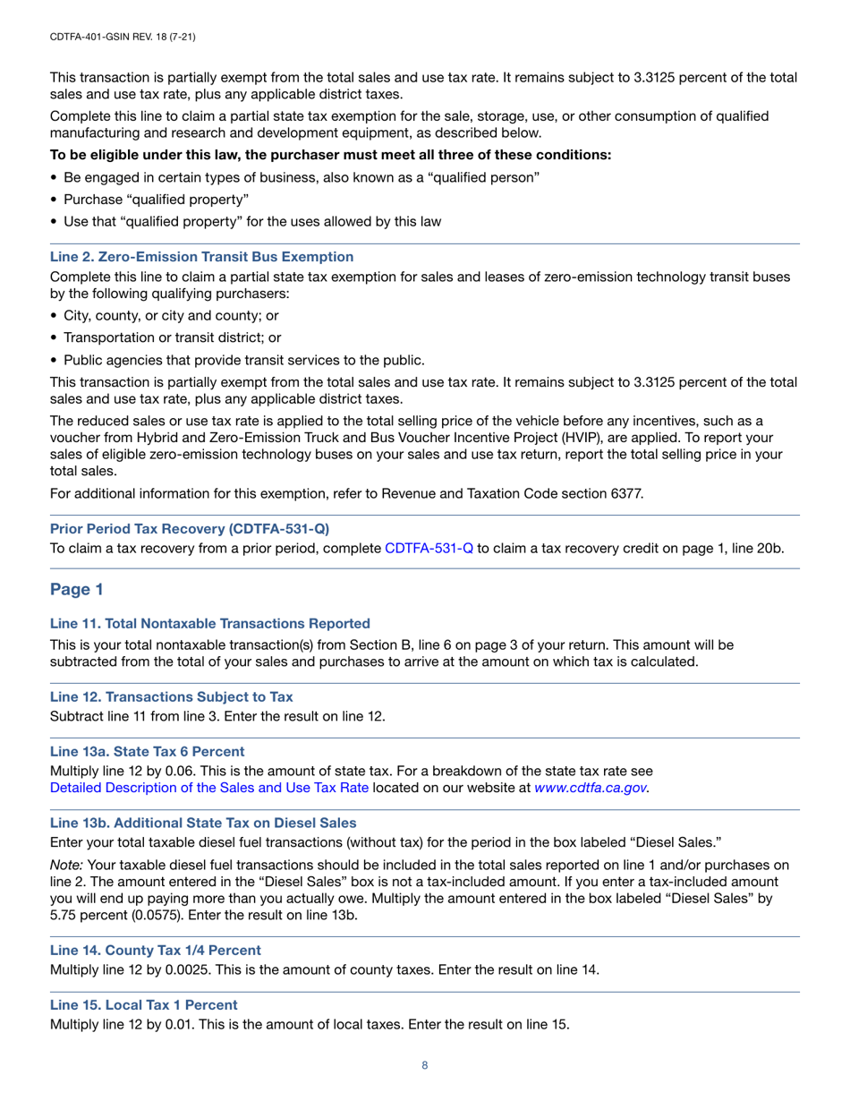 Download Instructions for Form CDTFA-401-GS State, Local, and District ...