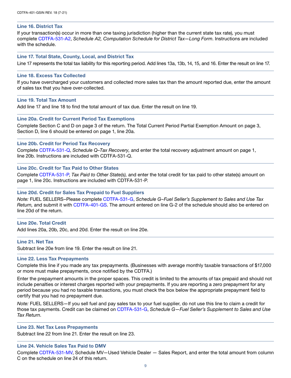 Instructions for Form CDTFA-401-GS State, Local, and District Sales and Use Tax Return - California, Page 9