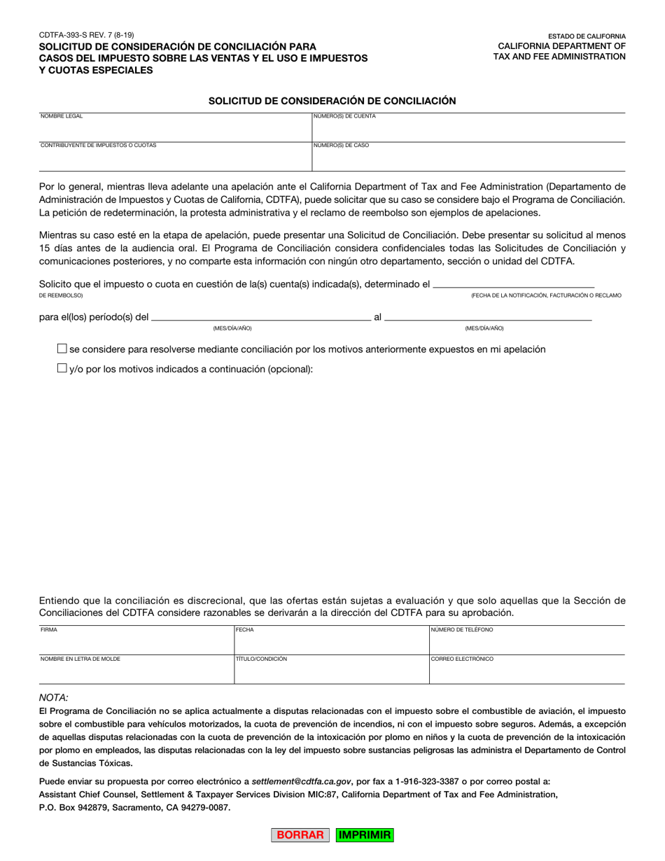 Formulario CDTFA-393-S Solicitud De Consideracion De Conciliacion Para Casos Del Impuesto Sobre Las Ventas Y El Uso E Impuestos Y Cuotas Especiales - California (Spanish), Page 1