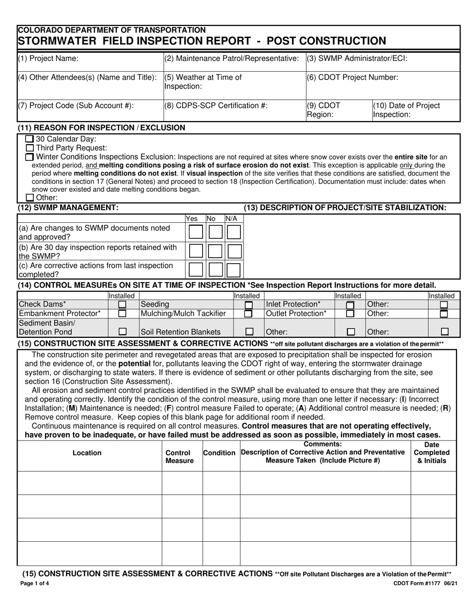 CDOT Form 1177 Stormwater Field Inspection Report - Post Construction - Colorado, Page 1