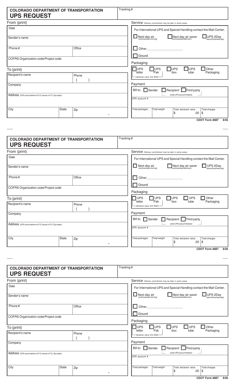 CDOT Form 887 Ups Request - Colorado, Page 1