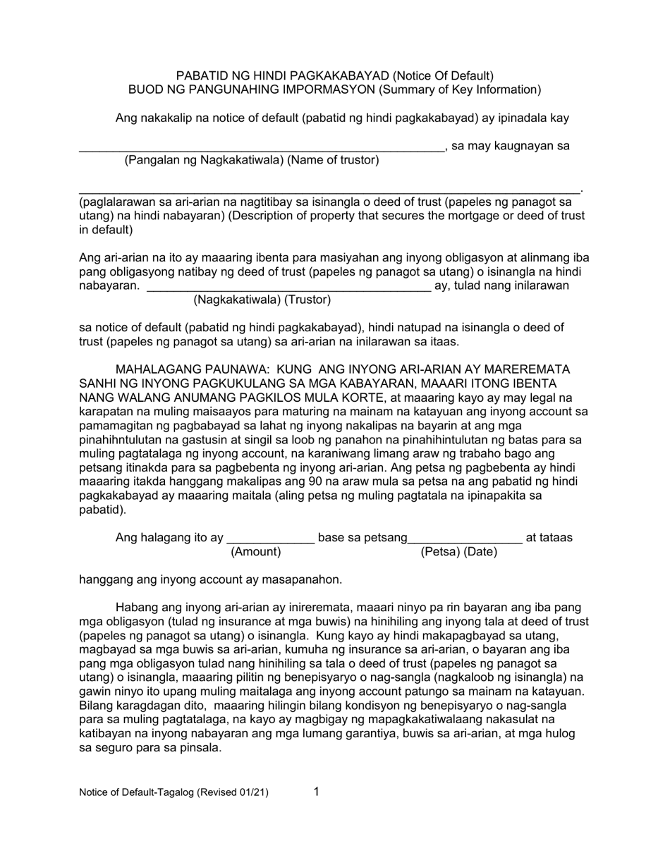 Form 2923.3 C2 Summary of Notice of Default - California (English / Tagalog), Page 1