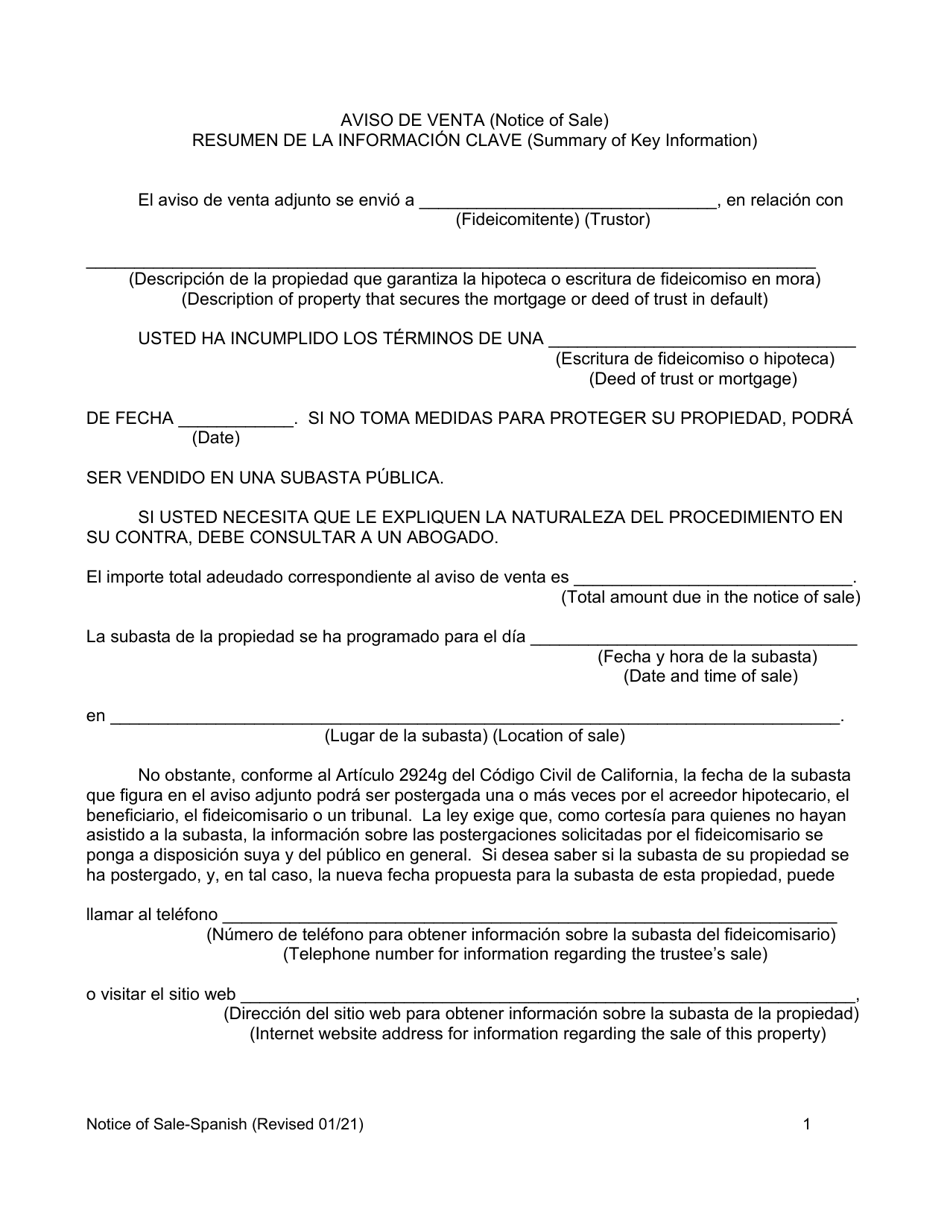 Form 2923.3 D2 Summary of Notice of Sale - California (English / Spanish), Page 1