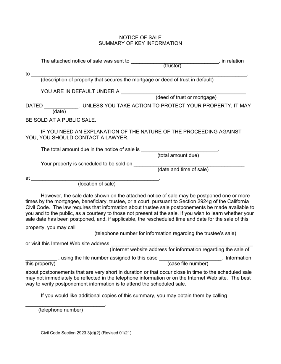 Form 2923.3 D2 Summary of Notice of Sale - California, Page 1