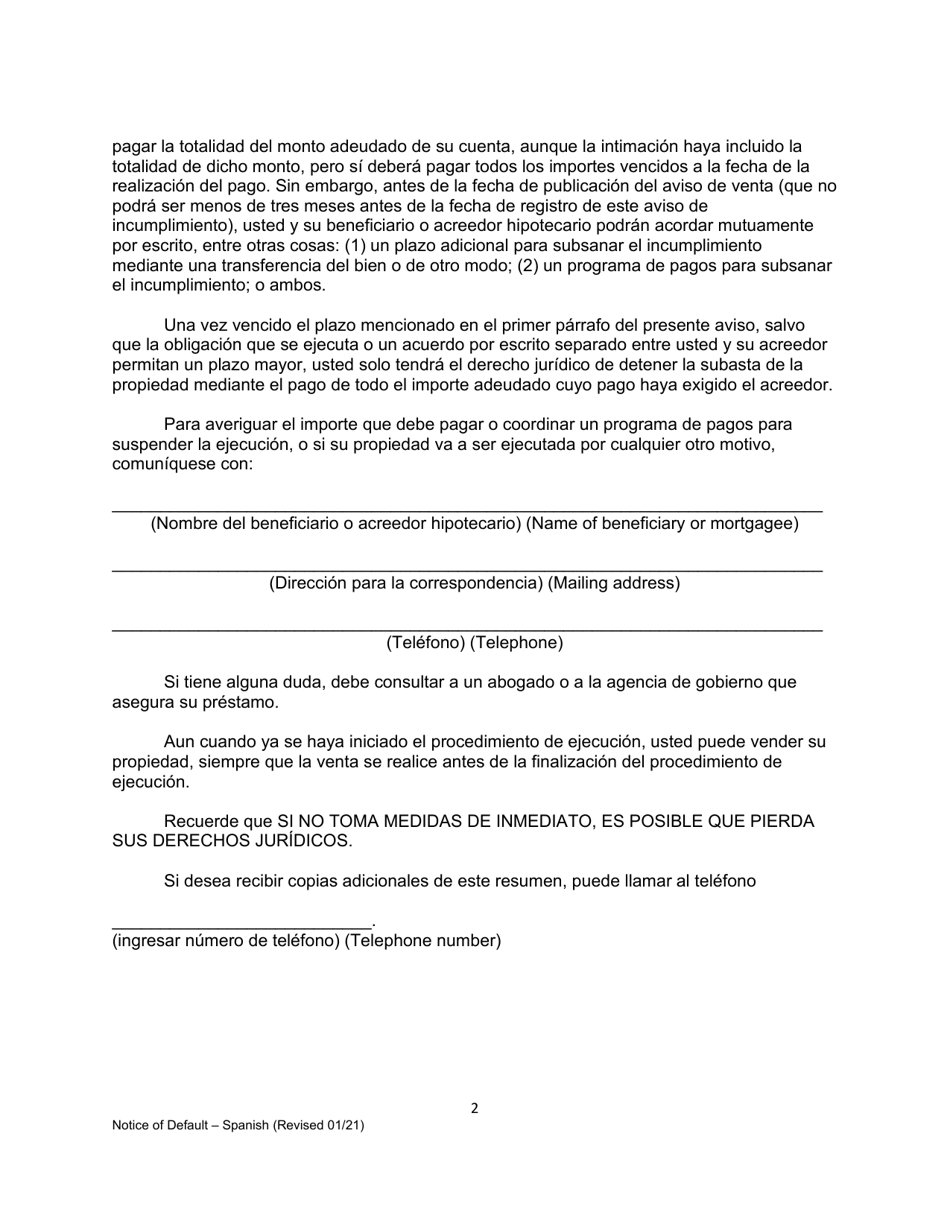 Form 2923.3 C2 Summary of Notice of Default - California (English / Spanish), Page 2
