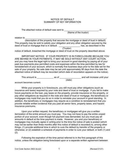 Form 2923.3 C2 Summary of Notice of Default - California