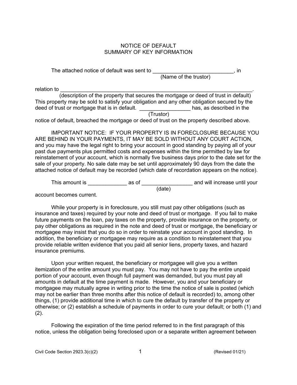 Form 2923.3 C2 Summary of Notice of Default - California, Page 1