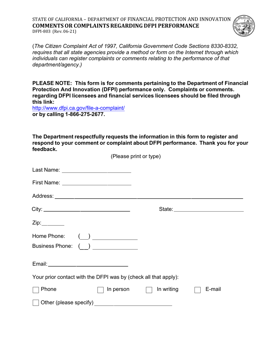 Form DFPI-803 Comments or Complaints Regarding Dfpi Performance - California, Page 1