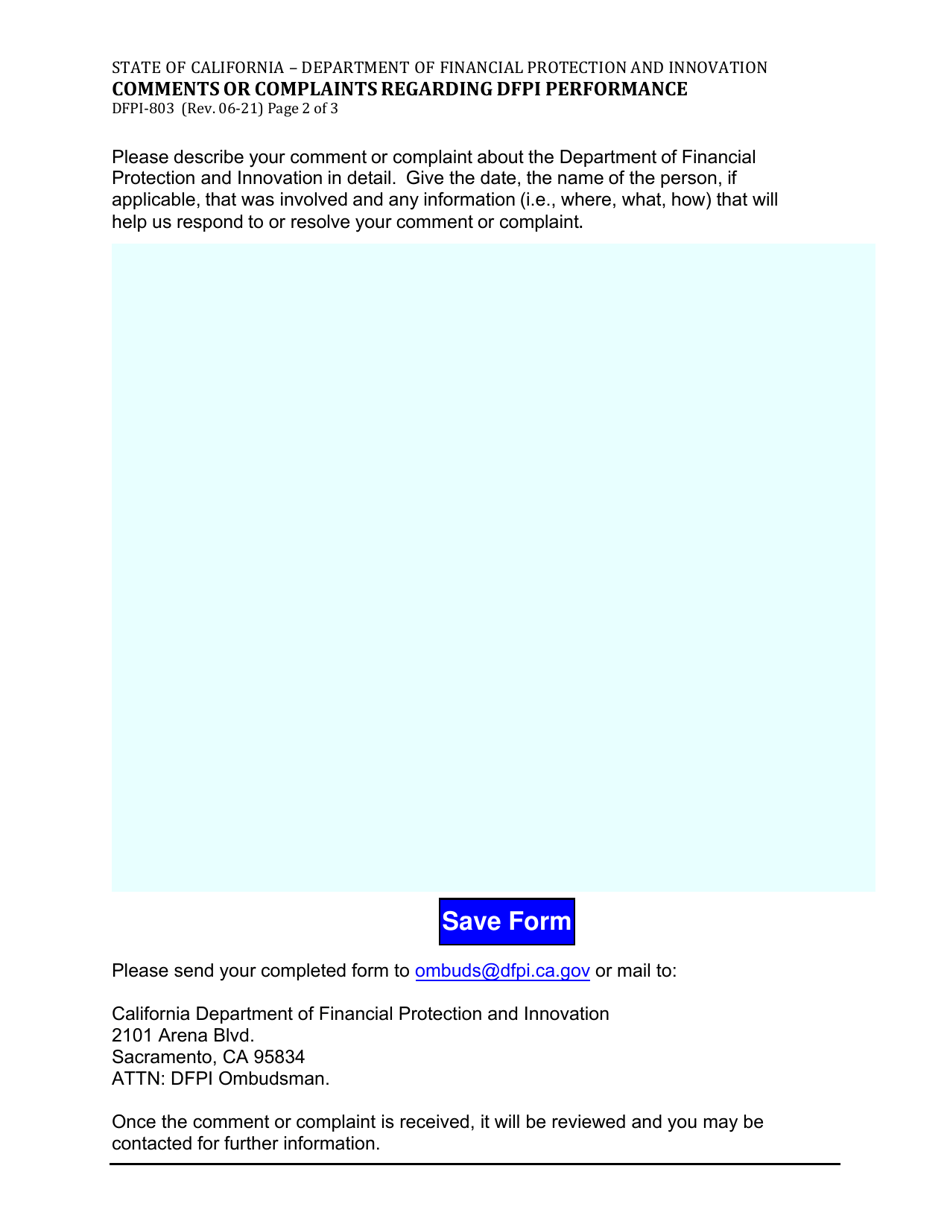 Form DFPI-803 Comments or Complaints Regarding Dfpi Performance - California, Page 2