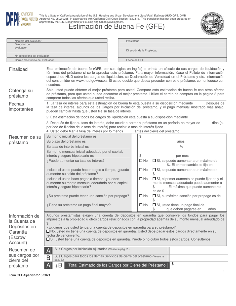 Formulario HUD-GFE Estimacion De Buena Fe (GFE) - California (Spanish), Page 1