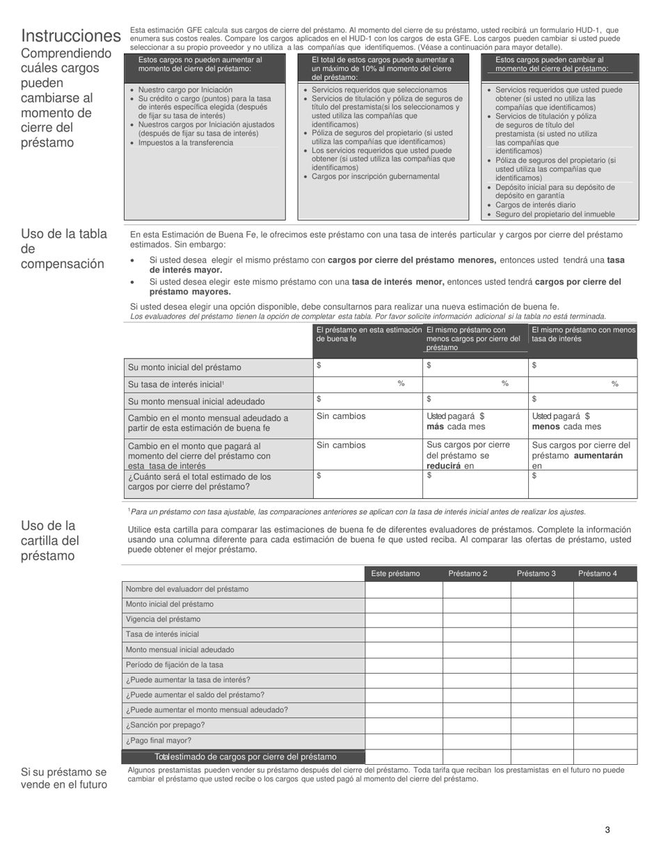 Formulario HUD-GFE Estimacion De Buena Fe (GFE) - California (Spanish), Page 3