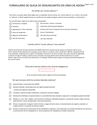 Document preview: Formulario De Queja De Denunciantes En Linea De Adosh - Arizona (Spanish)