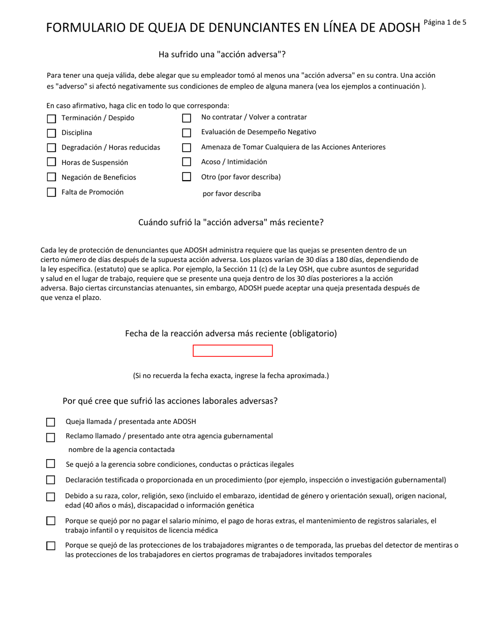 Formulario De Queja De Denunciantes En Linea De Adosh - Arizona (Spanish), Page 1