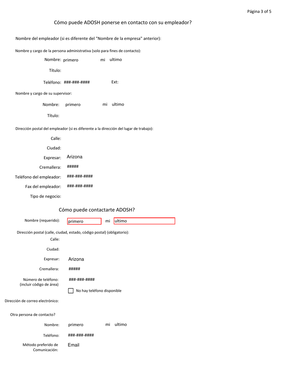 Formulario De Queja De Denunciantes En Linea De Adosh - Arizona (Spanish), Page 3