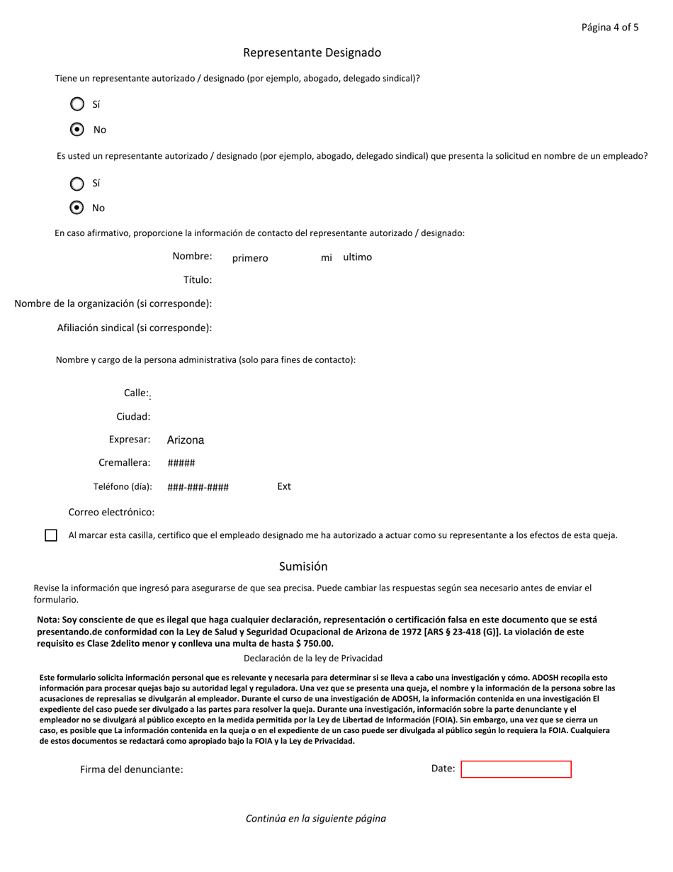 Formulario De Queja De Denunciantes En Linea De Adosh - Arizona (Spanish), Page 4