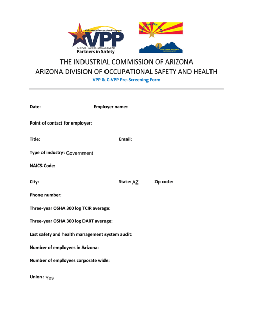 Document preview: Vpp & C-Vpp Pre-screening Form - Arizona