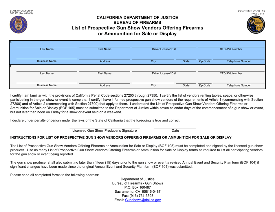 Form BOF105 List of Prospective Gun Show Vendors Offering Firearms or Ammunition for Sale or Display - California, Page 2