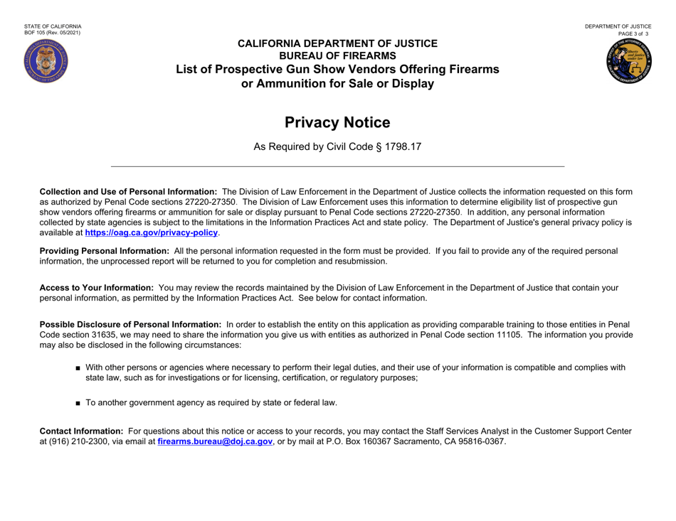 Form BOF105 List of Prospective Gun Show Vendors Offering Firearms or Ammunition for Sale or Display - California, Page 3