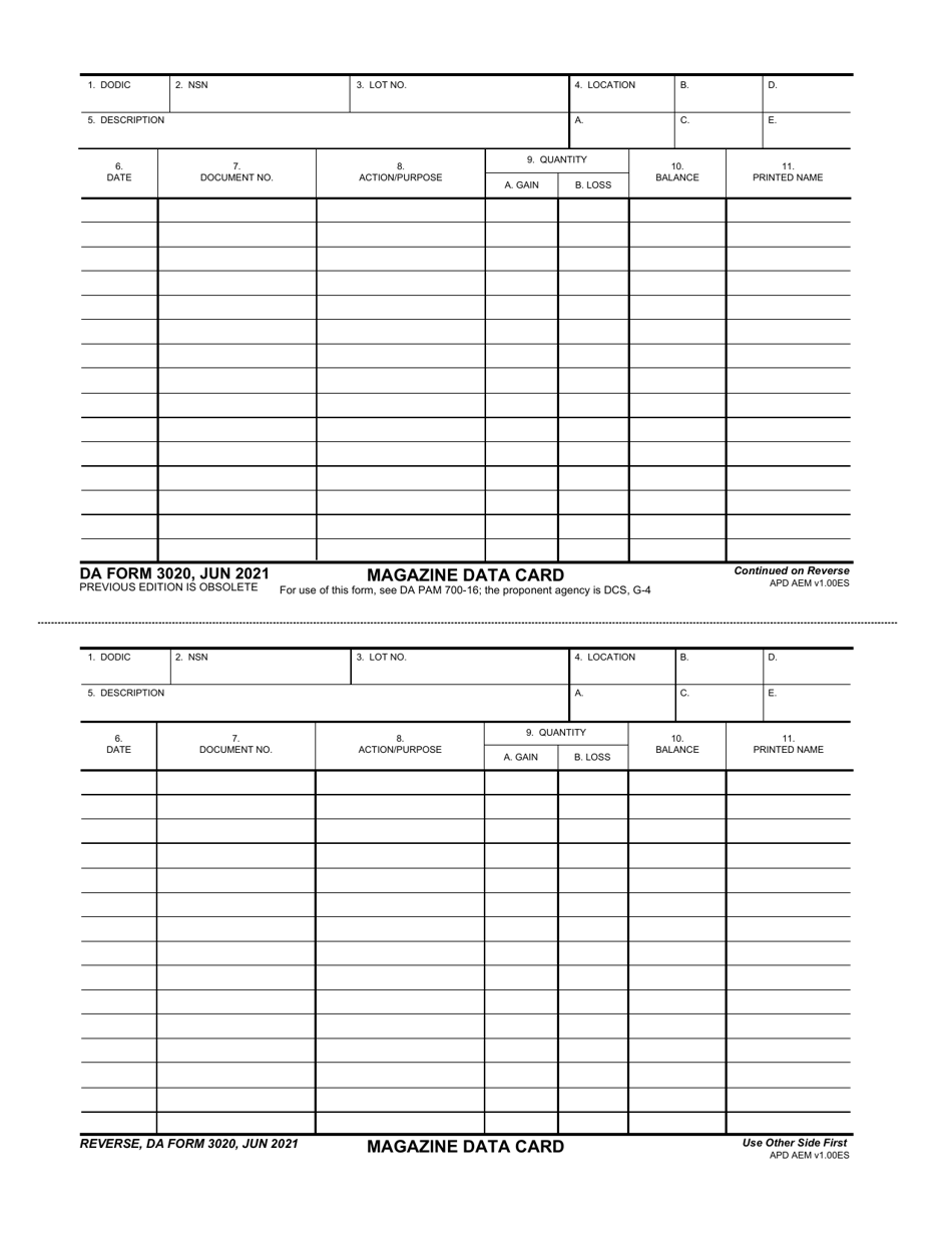 DA Form 3020 Download Fillable PDF or Fill Online Magazine Data Card ...