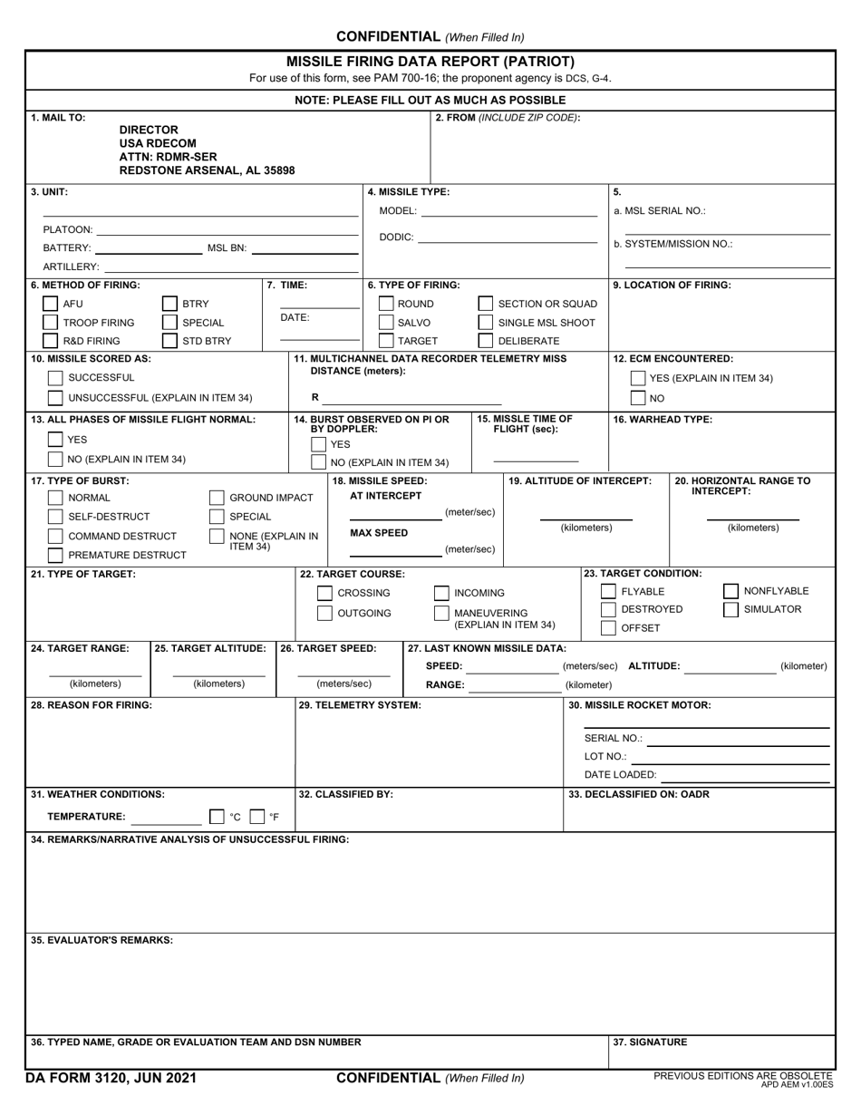DA Form 3120 Missile Firing Data Report (Patriot), Page 1