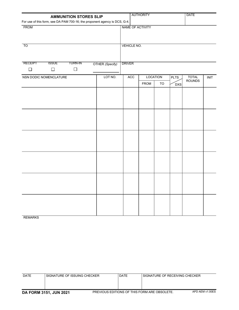 DA Form 3151 Download Fillable PDF or Fill Online Ammunition Stores ...