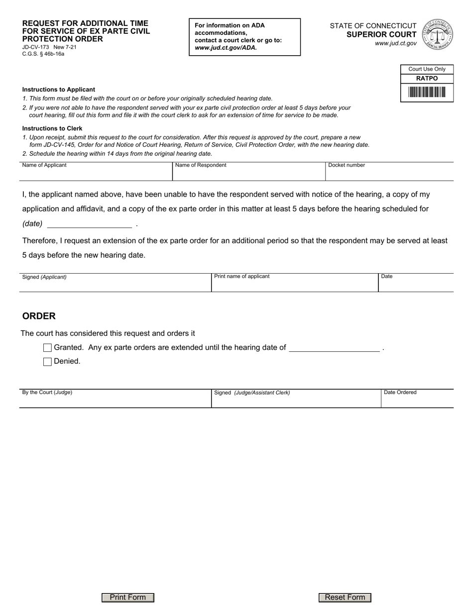 Form JD-CV-173 Request for Additional Time for Service of Ex Parte Civil Protection Order - Connecticut, Page 1