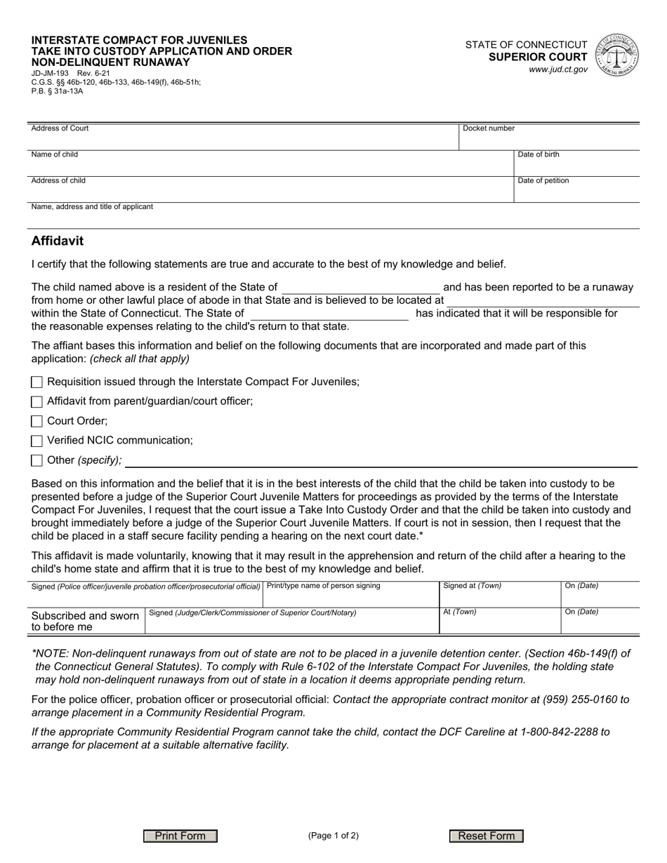 Form JD-JM-193 Interstate Compact for Juveniles - Take Into Custody Application and Order - Non-delinquent Runaway - Connecticut, Page 1