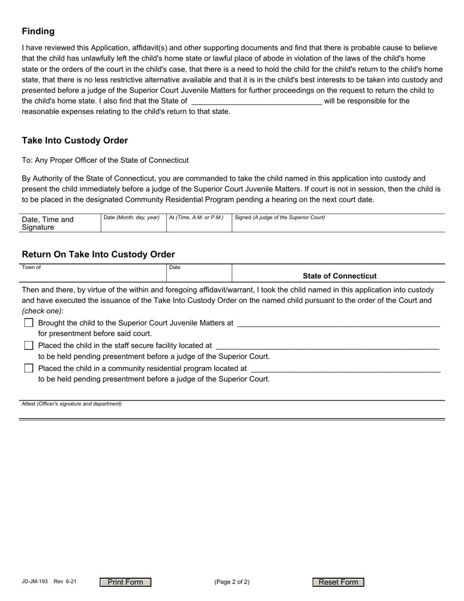 Form JD-JM-193 Interstate Compact for Juveniles - Take Into Custody Application and Order - Non-delinquent Runaway - Connecticut, Page 2