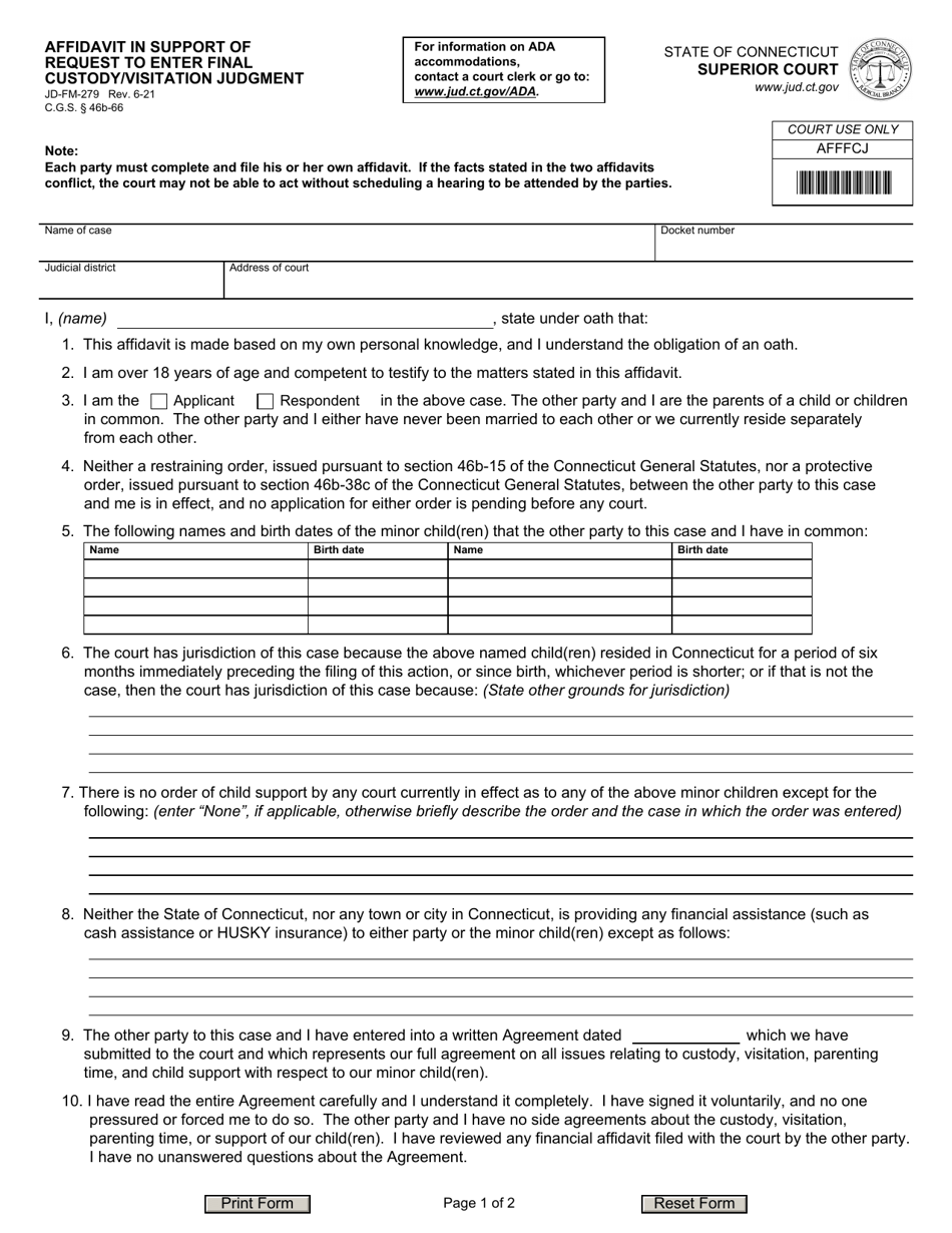 Form JD-FM-279 Affidavit in Support of Request to Enter Final Custody / Visitation Judgment - Connecticut, Page 1
