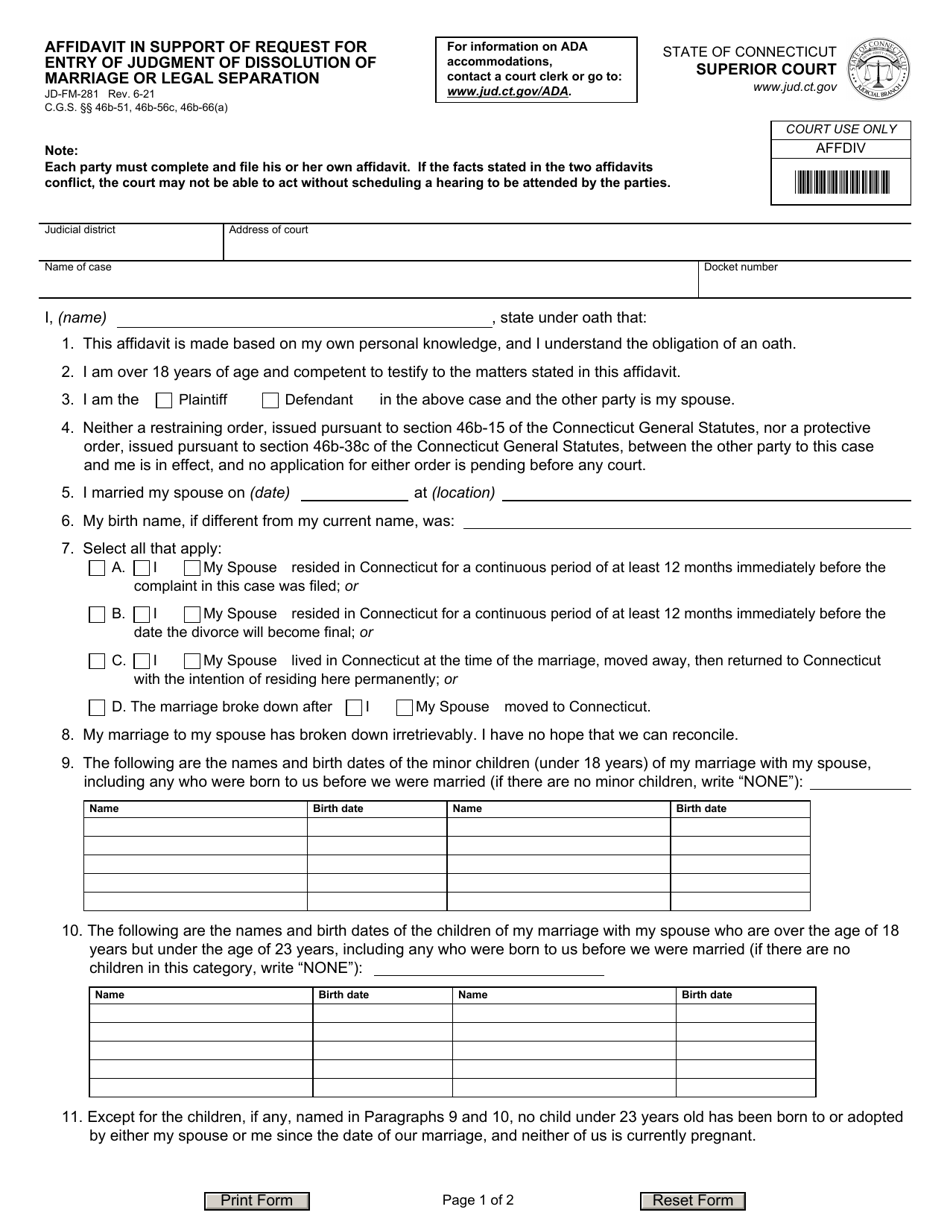Form JDFM281 Download Fillable PDF or Fill Online Affidavit in