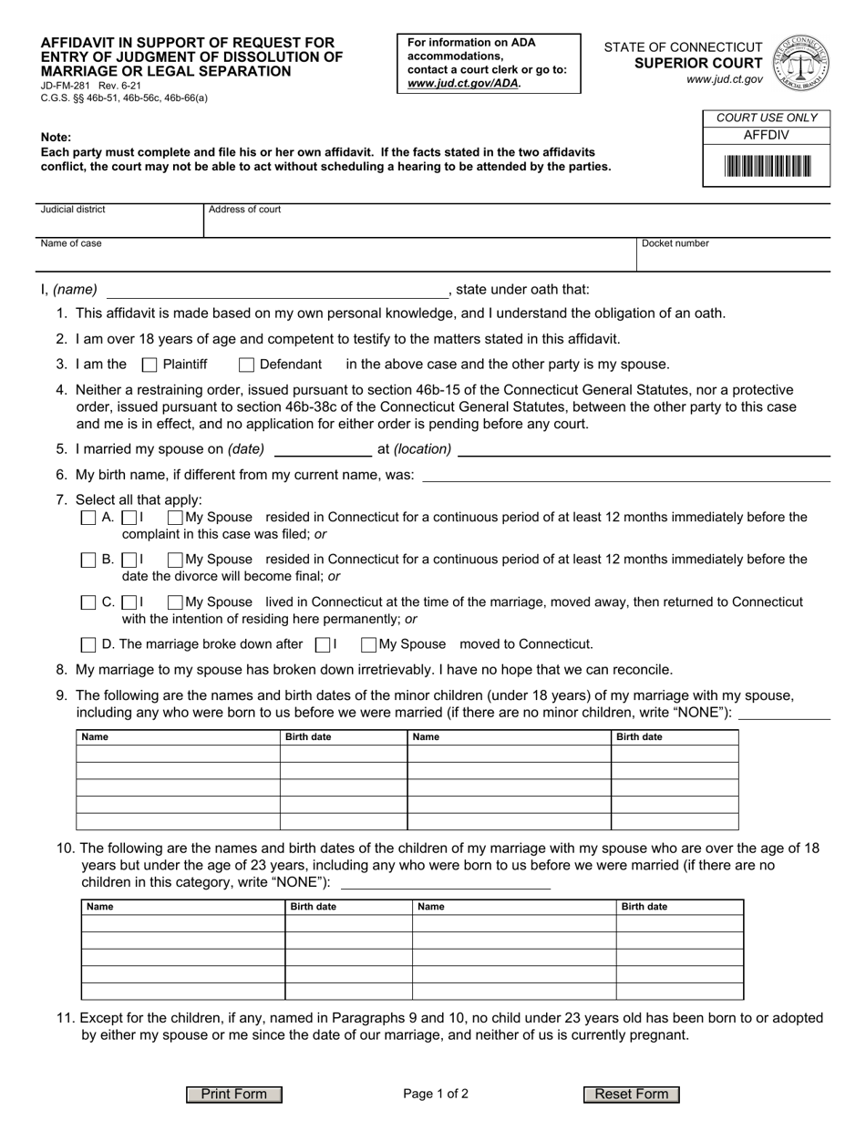 Form JD-FM-281 Affidavit in Support of Request for Entry of Judgment of Dissolution of Marriage or Legal Separation - Connecticut, Page 1