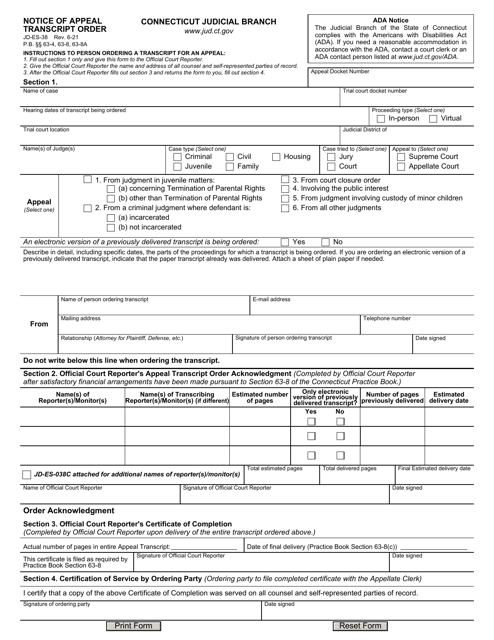 Form JD-ES-38 Notice of Appeal Transcript Order - Connecticut
