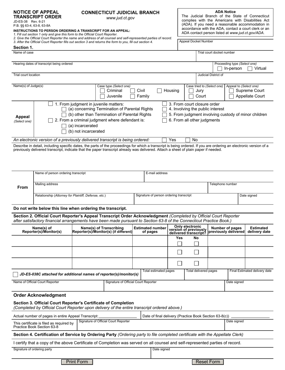 Form JD-ES-38 Notice of Appeal Transcript Order - Connecticut, Page 1