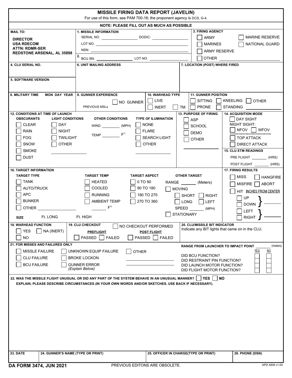 DA Form 3474 Download Fillable PDF or Fill Online Missile Firing Data ...