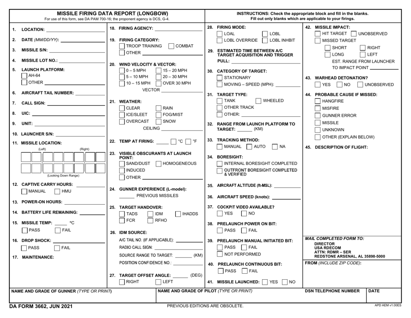 DA Form 3662 Missile Firing Data Report (Longbow)