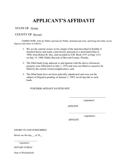Form DEP63-030(16) Applicant's Affidavit - Florida